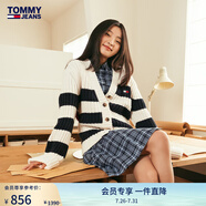 TOMMY JEANS【針織開衫】春秋季女絞花圓領(lǐng)內(nèi)搭針織衫/混紡條紋慵懶寬松外套 【條紋開衫】-藍(lán)白紅拼色YBH S （推薦：100-115斤）