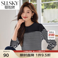 熙世界sllsky藍白條紋長(cháng)袖T恤2025春秋新款法式?；晟纼却顚捤纱虻咨?寶藍白條 XL