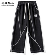 馬克華菲牛仔褲男2025夏美式水洗破洞分割線(xiàn)潮牌寬松青年工裝長(cháng)褲 黑色 L 110-130斤