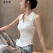 范哲莎JGIRL法式POLO領(lǐng)無(wú)袖背心女夏季洋氣翻領(lǐng)修身顯瘦純色T恤上衣 白色【彈力/高】POLO鄰 S 建議80-90斤