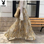 花花公子（PLAYBOY）波西米亞雪紡半身裙女2025夏季百褶顯瘦大擺長(cháng)裙子度假旅游a字裙 黃色 432#黃色 S 建議85-99斤
