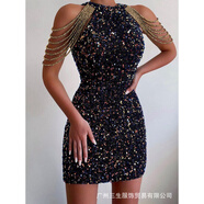GABALMANIA2025春夏時(shí)尚掛脖性感水晶鏈條包臀亮片歐美連衣裙中腰晚禮服 黑色 S