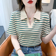 溫萊蔓莎帶有領(lǐng)子的t恤女純棉寬松中袖條紋短袖女夏季POLO領(lǐng)翻領(lǐng)半袖體恤 3305綠色 M 80-94斤