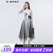 S.DEER圣迪奧夏季一字領(lǐng)肌理通勤風(fēng)拼接網(wǎng)紗連衣裙夏季女S20281285 白色/90 L 170