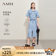 AMII2025夏新款套頭半開(kāi)襟短袖配腰帶前開(kāi)衩長(zhǎng)款牛仔棉連衣裙女 牛仔藍(lán) 155/80A/S