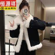 恒源祥牛仔毛毛外套女冬季2024新款年輕款仿皮草小個(gè)子加厚短款上衣棉服 白色毛 S