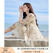 香影（xiangying）碎花連衣裙女2025年夏季新款系帶木耳邊仙氣海邊飄逸寬松裙子 米色 L