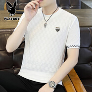 花花公子（PLAYBOY）男士冰絲短袖t恤2025夏新款高端圓領(lǐng)涼感體恤衫半袖上衣 797白色 4XL 175-190斤