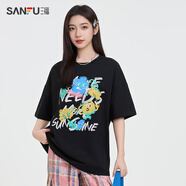 三福（SANFU）短袖女2025夏季休閑撞色涂鴉印花t恤圓領(lǐng)寬松上衣女裝 黑色 S