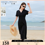 三彩若潮大碼女裝2025夏季新款交叉綁帶小黑裙連衣裙V領(lǐng)短袖胖MM 經(jīng)典黑 3XL 175/104B