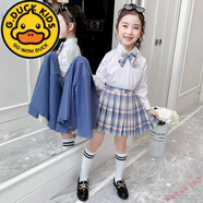 G.DUCKKIDS女童JK套裝秋裝2025新品兒童學(xué)院風(fēng)三件裝女孩西裝外套百褶裙洋氣 制服三件套藍色 外套+襯衫+裙子 130 cm