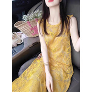 FHHUABD法式黃色蕾絲吊帶連衣裙女2025年夏季新款感海邊度假無(wú)袖裙子 黃色 L