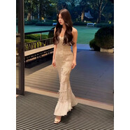 TYRAIN歐美時尚性感吊帶連衣裙2025夏季新款女褶皺花邊包臀長裙 白色吊帶裙 S /建議80-100斤