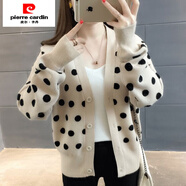 皮爾卡丹（pierre cardin）新款針織開(kāi)衫外套女短款點(diǎn)點(diǎn)長(cháng)袖寬松外搭韓版春秋毛衣百搭上衣潮 卡其色 S