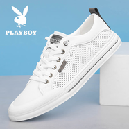 花花公子（PLAYBOY）花花公子男鞋2025新款真皮透氣板鞋男款小白鞋白色百搭休閑潮鞋子 白灰鏤空 45 標準皮鞋碼
