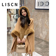 LISCN紅色圣誕節(jié)斗篷披肩外套女秋冬新款過年中長款加絨加厚大衣 棕色加絨加 厚款 均碼 90斤—170斤左右