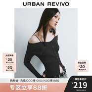 UR秋季新款女設(shè)計感翻領(lǐng)一字肩露肩修身針織衫UWJ940033 正黑 S