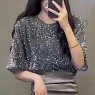 高冷御姐風(fēng)名媛女裝高端套裝高級感亮片上衣+半身裙兩件套裝裙夏 銀色亮片上衣 S  建議75斤-90斤