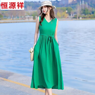 恒源祥新品法式棉綢連衣裙女2025夏季無(wú)袖背心裙感純色海邊度假沙灘長(cháng)裙 草綠 XL (建議90-105斤左右)