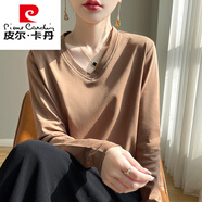 皮爾卡丹早秋季絲光棉長(zhǎng)袖T恤針織衫女圓領(lǐng)V領(lǐng)寬松大號(hào)精梳純棉上衣打底衫 8803V深咖色 2XL