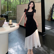 渝鼎福法式短袖連衣裙女夏季收腰顯瘦拼接長(cháng)裙微胖MM赫本風(fēng)撞色裙子 黑白色M