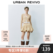 UR2025春季新款女裝休閑V領(lǐng)系帶超短款針織開(kāi)衫UYY950022 淺卡其 M