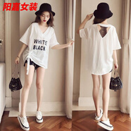 歌芬琳夏季新款大碼女裝胖mm200斤寬松短袖潮T露背小心機蕾絲藏肉v領(lǐng)T恤 白色 M 建議85-105斤