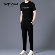 悍風(fēng)（HUMGFENG）品牌男士休閑運動(dòng)套裝男夏季品牌冰絲圓領(lǐng)短袖T恤印花長(cháng)褲兩件套 黑色 L