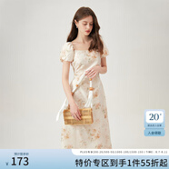 范思藍恩國風(fēng)抽象花卉印花連衣裙2024夏季新款收腰通勤裙子12959 米杏色 L