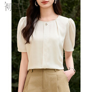 初申夏季短袖小衫女時(shí)尚圓領(lǐng)精致扣飾簡(jiǎn)約通勤雪紡衫S52X018 米白 XL