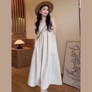 以純YISHION無袖背心連衣裙子女春夏2025新款海邊度假感掛脖吊帶沙灘長裙 【杏色】版 S 40/45kg