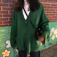 美安嘉慵懶風(fēng)針織衫開衫外套v領(lǐng)上衣女寬松毛衣披肩外搭純色大口袋外穿 綠色 2XL