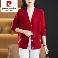 皮爾卡丹（pierre cardin）春秋新款大碼女裝羊毛絨針織開(kāi)衫媽媽洋氣寬松遮肚毛衣外套外搭 紅色 M 建議100斤以下