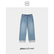 PLUSMALL+ACCPLUSMALL Flora蕾絲牛仔 甜乖蕾絲花邊九分小腳牛仔褲 牛仔藍 牛仔藍 均碼 5碼（現貨）