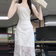 花花公子（PLAYBOY）2025新款法式白色蕾絲連衣裙子夏季穿搭感吊帶裙收腰超長(zhǎng)裙 【白色】【不規(guī)則設(shè)計(jì)感魚(yú)尾長(zhǎng)裙 S 40/45kg 【版/精選】