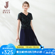 經(jīng)典故事（JANE STORY）經(jīng)典故事2025夏季新款V領(lǐng)拼按蕾絲裙修身通勤顯瘦短袖雪紡連衣裙 深藍色 M33 M