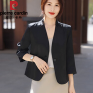 皮爾卡丹（pierre cardin）配旗袍裙子小西裝上衣外搭女短款春秋款時尚醋酸七分袖西服外套女 黑色醋酸絲光緞面外套 2XL 130-145斤