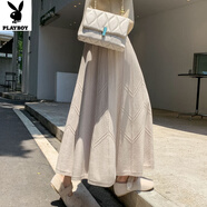 花花公子（PLAYBOY）黑色半身裙女針織裙子秋冬新款休閑毛線大擺裙螺紋加厚高腰a字裙 杏 80波浪紋款 S 建議85-99斤