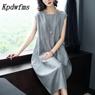 Kpdwfms夏季新款女裝裙子女純色文藝長(cháng)裙簡(jiǎn)約天絲亞麻休閑寬松連衣 銀灰色 S110斤以下 均碼
