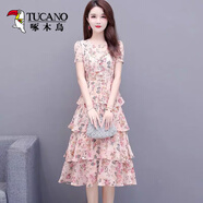 啄木鳥(niǎo)裙子2025年新款夏天v領(lǐng)中長(cháng)款收腰顯瘦氣質(zhì)蛋糕裙雪紡碎花連衣裙 粉色 M 【85-105】