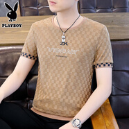 花花公子（PLAYBOY）男士薄款短袖t恤夏季韓版透氣冰絲半袖體恤青年潮流提花圓領(lǐng)上衣 卡其色ZY-246 2XL 140-155斤以?xún)?
                                         title=