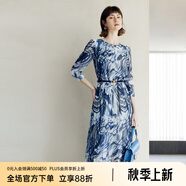 顏域圓領七分袖連衣裙春裝女2024年新款中長款連身裙時尚氣質(zhì)裙子 藍花 XL