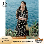 玖姿·安娜蔻波嬉風植物印花雪紡收腰中長款連衣裙女裝2025夏季新款 花黑 XL