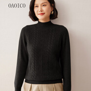 OAOICO鄂爾多斯加厚羊絨衫女半高領(lǐng)絞花雪蓮秋冬修身氣質(zhì)大碼毛衣羊毛衫 黑色 S