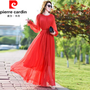 皮爾卡丹（pierre cardin）雪紡連衣裙三亞大碼超長(cháng)款旅游裙沙灘裙超仙長(cháng)裙泰國海邊度假裙 紅色 M 均碼 裙長(cháng)124C可穿90-160斤