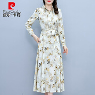 皮爾卡丹（pierre cardin）碎花連衣裙2025年新款春秋女裝驚艷氣質雪紡長款媽媽高端長袖裙子 杏色 M