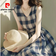 皮爾卡丹（pierre cardin）氣質(zhì)藍色格子無(wú)袖連衣裙女夏季長(cháng)裙小眾法式簡(jiǎn)單大方赫本風(fēng)超好看 格子連衣裙 L