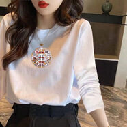 菲妮茉淑重磅純棉打底衫長袖t恤女2024秋季美式長袖百搭內(nèi)搭白色 長袖龍鳳國風 M （70-100斤）