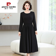 皮爾卡丹（pierre cardin）中年女裝連衣裙春秋款長(cháng)袖薄款百褶裙媽媽裝打底裙收腰顯瘦長(cháng)裙子 黑色 今年流行的輕奢品牌 XL 建議80-105斤