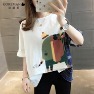哥瑞美 短袖t恤女春夏季2025新款亞麻打底衫女寬松上衣襯卡通棉麻女裝潮 藍(lán)色條 均碼